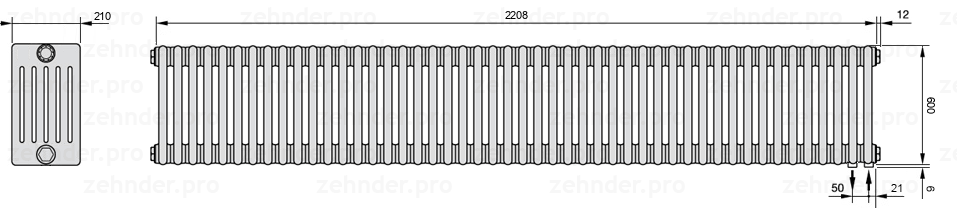 Схема (чертеж) Радиатор Zehnder Charleston 6060/48 №5510 Белый глянцевый RAL 9016